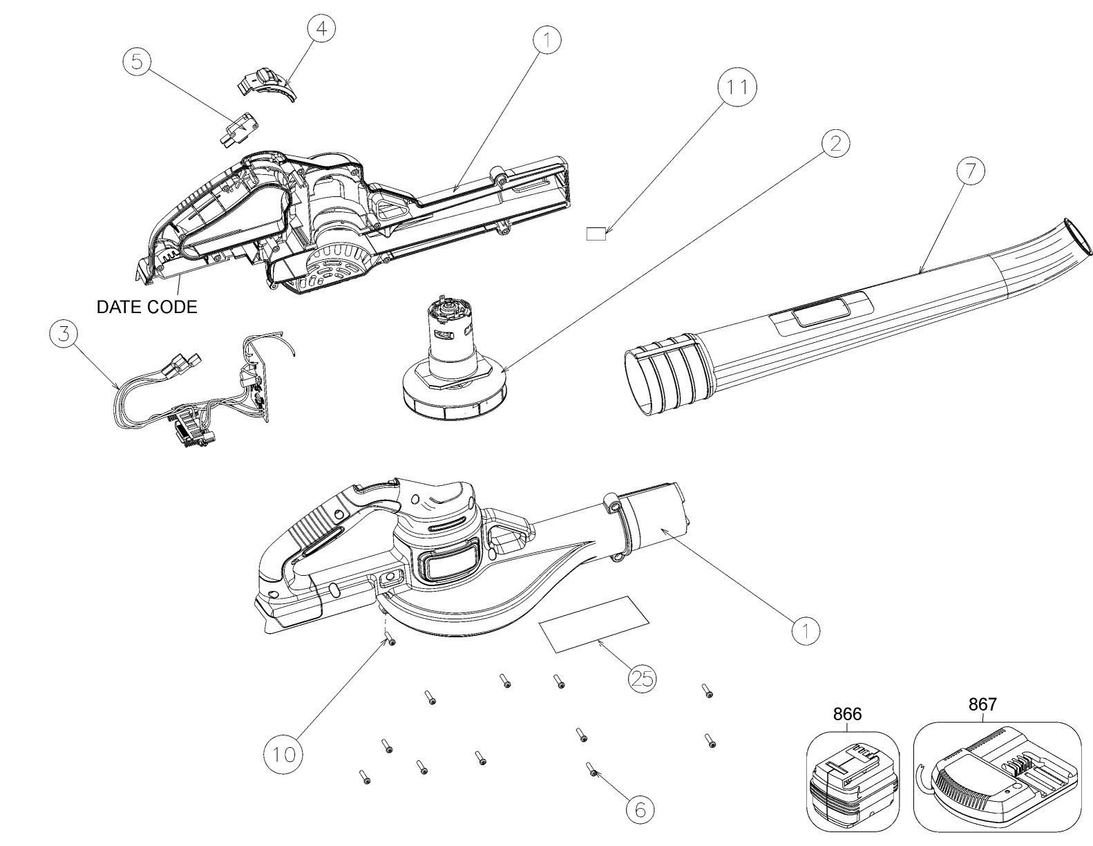 Default Diagram and Parts List for LSW40C Type 1 Black and Decker Leaf Blower / Vacuum